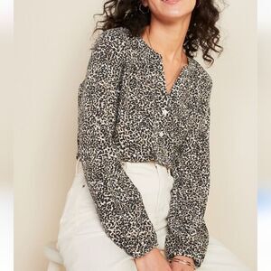 Old Navy Cream Brown Animal Print Long Sleeve  Open V-Neck Blouse Top Size L